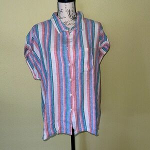 NWT Linen-Blend Short Sleeve Shirt – Blue & White | Size XL
